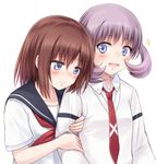  arm_hug blue_eyes blush commentary_request hanada_kirame long_hair long_sleeves multiple_girls necktie onjouji_toki purple_hair saki saki_achiga-hen school_uniform senriyama_school_uniform serafuku shindouji_school_uniform short_hair short_twintails smile sparkle suzushiro_yukari sweatdrop twintails yuri 