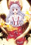 :d bad_id bad_pixiv_id bamboo bamboo_forest blush bow fire flame forest fujiwara_no_mokou full_moon hair_bow highres long_hair moon nature open_mouth red_eyes silver_hair smile solo suspenders tamago_gohan touhou white_hair wings 