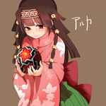  alluka_zoldyck ball black_hair blush brown_background dorei-chan hair_ornament headband holding hunter_x_hunter japanese_clothes lips long_hair male_focus red_eyes smile solo 