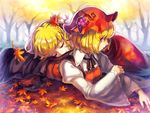  aki_minoriko aki_shizuha autumn_leaves blonde_hair brown_eyes closed_eyes food fruit grapes hair_ornament hat kogiso leaf leaf_hair_ornament leaf_on_head lying multiple_girls on_ground on_stomach profile short_hair siblings sisters smile touhou wide_sleeves 