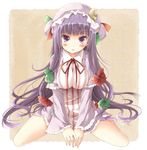  :o blush bow breasts character_name crescent hair_bow hat large_breasts long_hair looking_at_viewer patchouli_knowledge purple_eyes purple_hair sitting solo striped touhou utsurogi_angu vertical_stripes wariza 