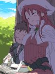  1girl aty_(summon_night) closed_eyes height_difference leaning_on_person long_hair nup_martini short_hair sketch sleeping summon_night summon_night_3 tonbi 