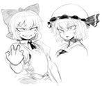  cirno greyscale hat monochrome multiple_girls remilia_scarlet sharp_teeth short_hair simple_background space_jin teeth touhou white_background 