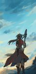  balsa blue_sky brown_hair from_behind long_hair mountain nahoshi polearm scenery seirei_no_moribito sky solo spear weapon wind 
