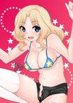  bikini_top blonde_hair blue_eyes blush breasts girls_und_panzer ichiko_(ichi) kay_(girls_und_panzer) large_breasts long_hair looking_at_viewer open_clothes open_fly open_mouth open_shorts short_shorts shorts smile solo thighhighs unzipped white_legwear 