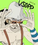  1boy adjusting_goggles black_hair character_name color_background facial_hair goatee goggles green green_background hat headphones kyakya male male_focus one_piece solo suspenders topless usopp 
