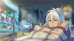  1girl 2boys bed blue_eyes capcom cha-cha drooling felyne green_skin kayamba keroro_gunsou mask monster_hunter monster_hunter_3_g multiple_boys pointing shakalaka tattoo white_hair 