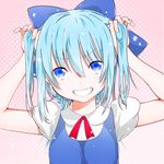  arms_up bad_id bad_pixiv_id blue_eyes blue_hair bow cirno grin hair_bow halftone halftone_background holding holding_hair puffy_sleeves short_hair smile solo touhou yamada_ranga 