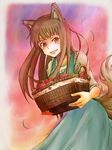  animal_ears apple bad_id bad_pixiv_id basket brown_hair dog_ears food fruit holo leaf long_hair red_eyes smile solo spice_and_wolf tail traditional_media usaniku wheat 