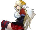  black_gloves blonde_hair blue_eyes breasts chair checkered checkered_skirt corset elbow_gloves gloves hair_ribbon large_breasts long_hair original pillow puffy_sleeves pupps ribbon short_sleeves sitting skirt solo striped striped_legwear thighhighs veil very_long_hair zettai_ryouiki 