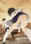  1girl ass bag brown_hair cloud flying_sweatdrops from_behind haijin kneehighs nazo_no_kanojo_x panties pantyshot satchel school_uniform scissors short_hair skirt sky tsubaki_akira underwear upskirt urabe_mikoto 