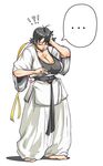  ... 1girl alternate_breast_size baggy_pants barefoot black_hair blush bra breasts choker cleavage closed_eyes curvy dougi huge_breasts johnrokk makoto_(street_fighter) oversized_clothes pants ribbon_choker shirt short_hair solo street_fighter street_fighter_iii_(series) sweat t-shirt underwear wide_sleeves 