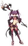  aisha_(elsword) bad_id bad_pixiv_id bandeau boots contrapposto detached_collar elsword flat_chest full_body garter_straps hand_on_hip highres holding holding_wand limble long_hair midriff navel over_shoulder purple_eyes purple_footwear purple_hair purple_legwear purple_skirt purple_sleeves skirt smile solo staff standing thigh_boots thighhighs twintails void_princess_(elsword) wand white_background 
