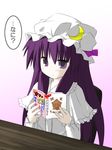  bad_id bad_pixiv_id book capelet crescent desk dress hat long_hair looking_at_viewer manga_(object) murabito patchouli_knowledge purple_eyes purple_hair ribbon solo touhou 