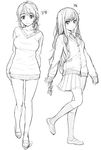  age_difference bangs blush breasts buttons cardigan cellphone charm_(object) chitose_(natsu_no_kemono) collarbone collared_shirt dress flip_phone from_side full_body greyscale hand_on_own_thigh holding homunculus_(artist) kneehighs leg_up legs light_smile loafers long_hair long_sleeves looking_at_viewer low_ponytail monochrome multiple_girls natsu_no_kemono_(manga) phone pleated_skirt sandals school_uniform shirt shoes short_hair side_ponytail sketch skirt sleeves_past_wrists small_breasts smile sweater sweater_dress translated uenohara_arisu white_background 