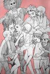  brook color_background everyone franky monkey_d_luffy nami nami_(one_piece) nico_robin one_piece pink roronoa_zoro sanji sketch spot_color tony_tony_chopper usopp young younger 