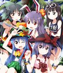  :d ;d animal_ears ball beachball bikini black_eyes black_hair blue_hair bow bracelet breasts brown_eyes brown_hair bunny_ears cake crazy_straw drinking_straw eyewear_on_head flower food fork fruit glass hair_flower hair_ornament hair_ribbon hat hat_bow hibiscus hinanawi_tenshi holding houraisan_kaguya innertube jewelry long_hair looking_at_viewer medium_breasts multiple_girls nagae_iku name_tag one_eye_closed open_mouth palm_tree ponytail purple_hair red_eyes reisen_udongein_inaba reiuji_utsuho ribbon ruu_(tksymkw) school_swimsuit smile strawberry striped sunglasses swimsuit tongue tongue_out touhou tray tree tropical_drink v watermelon watermelon_beachball waving yellow_eyes 