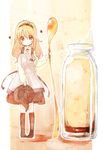  blonde_hair blush bottle brown_eyes dress hat hat_removed headwear_removed highres holding holding_hat holding_spoon long_hair looking_at_viewer minigirl original shipu_(toppintetratorten) short_hair smile solo spoon 