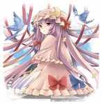  bad_id bad_pixiv_id bird bow capelet coat crescent dress hair_ribbon hat long_hair looking_back open_clothes open_coat patchouli_knowledge purple_dress purple_eyes purple_hair ribbon richard_(ri39p) sitting solo striped striped_dress touhou very_long_hair 