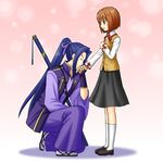  1girl assassin_(fate/stay_night) blue_hair blush brown_hair fate/stay_night fate_(series) hair_ribbon hand_kiss homurahara_academy_uniform japanese_clothes kiss long_hair monohoshizao one_knee ponytail ria_(arinakanomiu) ribbon saegusa_yukika school_uniform short_hair sword weapon 