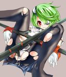  1girl bdsm black_legwear blush bondage bound breasts eyepatch frown gloves green_hair grey_background hair_ornament hair_over_one_eye impossible_clothes impossible_shirt lying nipples on_back open_mouth otonashi_kiruko panties pantyhose pussy_juice red_eyes ringed_eyes see-through shinmai_fukei_kiruko-san shirt short_hair simple_background skirt solo spread_legs tokita_monta tonfa torn_clothes underwear uniform weapon white_panties 