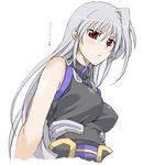  bare_shoulders blush breasts elf_(stroll_in_the_woods) large_breasts long_hair lyrical_nanoha mahou_shoujo_lyrical_nanoha mahou_shoujo_lyrical_nanoha_a's mahou_shoujo_lyrical_nanoha_the_movie_2nd_a's red_eyes reinforce silver_hair single_hair_intake solo translated upper_body 