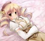  beret blonde_hair breasts cleavage corset detached_sleeves drill_hair hair_ornament hat large_breasts magical_girl mahou_shoujo_madoka_magica nanoha-h on_bed pleated_skirt puffy_sleeves skirt solo tomoe_mami yellow_eyes 