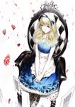  alice_(wonderland) alice_in_wonderland blonde_hair blue_dress blue_eyes card chair dress floral_print from_above hair_ribbon hands_clasped heart highres looking_at_viewer own_hands_together pantyhose playing_card revision ribbon sitting smile solo sousou_(sousouworks) 