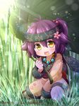  :d bad_id bad_pixiv_id blush grass hair_bobbles hair_ornament holding jewelry leaf_umbrella light_rays minigirl necklace open_mouth pantyhose purple_hair ringo_yuyu side_ponytail sitting smile solo soukyuu_dragon_guild sunbeam sunlight watermark white_legwear yellow_eyes 