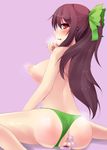  absurdres akaneman anal anal_beads anal_object_insertion blush breasts brown_hair dildo green_panties green_ribbon hair_ribbon highres large_breasts long_hair looking_at_viewer nipples object_insertion panties panties_aside ponytail purple_background red_eyes reiuji_utsuho ribbon simple_background sitting solo tears topless touhou uncensored underwear vaginal wariza 