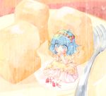  blue_eyes blue_hair blush_stickers cake dress eating food fork hair_ornament minigirl original shipu_(toppintetratorten) short_hair sitting solo 