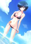  bikini bikini_pull black_bikini black_hair blue blue_sky blush breasts cleavage cloud day dutch_angle green_eyes groin hair_over_one_eye highres large_breasts lens_flare looking_at_viewer navel nazo_no_kanojo_x ocean pulled_by_self saliva saliva_trail scissors short_hair sky solo standing string_bikini summer swimsuit swimsuit_pull urabe_mikoto wading waruiga water 