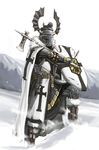  armor axe cape chainmail cross forest full_armor fur_cape gauntlets helm helmet hill holding knife knight male_focus nature original over_shoulder sheath sheathed shield snow solo teutonic_knights weapon weapon_over_shoulder yana_yana 