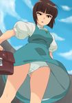  1girl black_eyes breasts brown_hair cameltoe cloud clouds karasumaru kyosu legs looking_down panties ranma_1/2 school_bag school_uniform short_hair skirt skirt_lift sky solo standing tendou_nabiki thighs underwear upskirt white_panties wind 