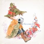  akari_(chanchanko) boots brown_eyes brown_hair character_name cup drinking full_body hat leaf male_focus moomin sitting snufkin solo swedish teacup traditional_media watercolor_(medium) 