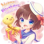  2012 animal bird blue_eyes bow box brown_hair chick dixie_cup_hat fang gift gift_box hair_bow happy_birthday hat heart holding holding_gift looking_at_viewer military_hat open_mouth original pink_background red_ribbon ribbon sailor_hat school_uniform serafuku short_hair smile star star-shaped_pupils symbol-shaped_pupils upper_body waruiga yellow_ribbon 