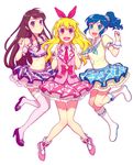  aikatsu! aikatsu!_(series) bare_shoulders blonde_hair blue_eyes blue_hair blush boots bow brown_hair hair_ribbon highres hijiri_rei hoshimiya_ichigo kiriya_aoi long_hair looking_at_viewer midriff multiple_girls navel necktie open_mouth pink_bow red_eyes ribbon shibuki_ran skirt smile thighhighs white_legwear 