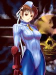  blue_leotard brown_eyes brown_hair groin headband kasugano_sakura leotard long_sleeves necktie pantyhose ryourou_(edexigerero) short_hair skin_tight skull solo standing street_fighter street_fighter_zero_(series) turtleneck 