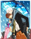  brown_eyes brown_hair carrying casual cross cross_earrings earrings fate/zero fate_(series) holding holding_umbrella jacket jewelry kotomine_kirei matou_kariya multiple_boys piggyback rain scarf shared_umbrella sky_print teaegg umbrella white_hair 