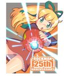  anniversary arm_cannon blonde_hair charging dress dutch_angle green_eyes hair_ribbon halftone ki_(adotadot) long_hair long_sleeves open_mouth panties pantyshot pantyshot_(standing) petticoat ponytail red_skirt ribbon rockman rockman_(classic) roll skirt solo standing underwear weapon 