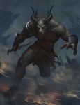 abs armor beast claws demon fight horn knife lava loincloth looking_at_viewer male pecs red_eyes rrowdybeast running ryan_wardlow shinar smoke solo weapon 