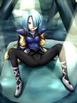  armor blue_eyes blue_hair bodysuit cape embarrassed gloves grandia grandia_i hair_over_one_eye kadomaki_shinnosuke leen_(grandia) short_hair solo water 