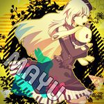  blonde_hair bow bunny button_eyes circle gloves heart long_hair mayu_(vocaloid) momoiro_oji open_mouth solo striped striped_background stuffed_animal stuffed_bunny stuffed_toy usano_mimi vocaloid yellow_eyes 