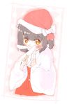  animal_ears black_hair blush bunny_ears fake_animal_ears hat highres holding japanese_clothes looking_at_viewer miko original santa_hat shipu_(toppintetratorten) short_hair snowing solo white_background yellow_eyes 