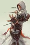  altair_ibn_la-ahad assassin's_creed assassin's_creed_(series) belt blade character_name copyright_name fingerless_gloves gloves hidden_blade hood knife male_focus pouch reverse_grip sash scar serious sheath sheathed signature simple_background solo sword vambraces virus-ac74 watermark weapon web_address 