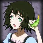  banana banana_in_ear black_hair dora_the_explorer eyebrows food fruit gel_banana green_eyes holding holding_food holding_fruit lowres open_mouth parody shiina_mayuri short_hair smile solo steins;gate thick_eyebrows waruiga 