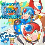  1girl 4boys android anniversary arm_cannon axl blonde_hair blue_eyes brown_hair capcom commentary_request copyright_name double_v green_eyes helmet long_hair male_focus multiple_boys open_mouth rockman rockman_(character) rockman_x roll scar smile spiked_hair teeth text_focus tobitori v weapon x_(rockman) zero_(rockman) 