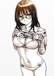  bare_shoulders bra breasts cleavage copyright_request glasses kawazu large_breasts navel panties shirt_lift solo underwear 