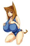  1girl animal_ears breasts brown_hair cat_ears cat_tail female haruka_(muneneko) huge_breasts muneneko red_eyes simple_background tail tears thighs 