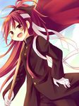  alternate_costume amane_kurumi blush day dutch_angle fang flag gakuran gloves hachimaki hair_ribbon hand_on_hip headband looking_at_viewer mahou_shoujo_madoka_magica open_mouth ouendan ponytail red_eyes red_hair ribbon sakura_kyouko school_uniform sky smile solo 